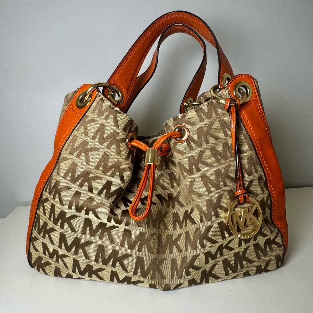 MICHAEL Michael Kors Jet Set Grab Shoulder Bag Canvas and Leather Beige/Orange